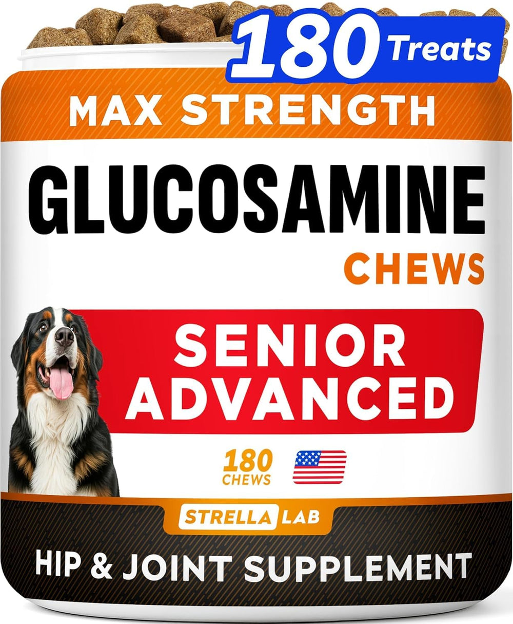 Strellalab senior dog joint supplement bacon chews 180ct bottle—easy-to-feed for aging joints.