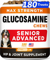 Strellalab senior dog joint supplement bacon chews 180ct bottle—easy-to-feed for aging joints.