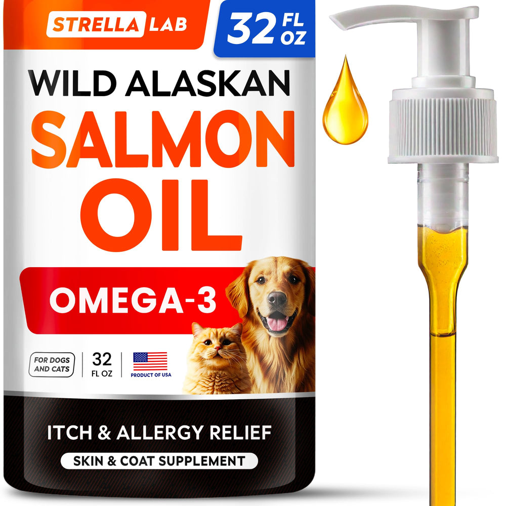 STRELLALAB Wild Alaskan Salmon Oil bottle pour shows ocean-to-bowl quality for dogs and cats.
