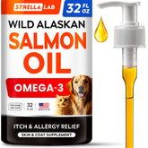 STRELLALAB Wild Alaskan Salmon Oil bottle pour shows ocean-to-bowl quality for dogs and cats.