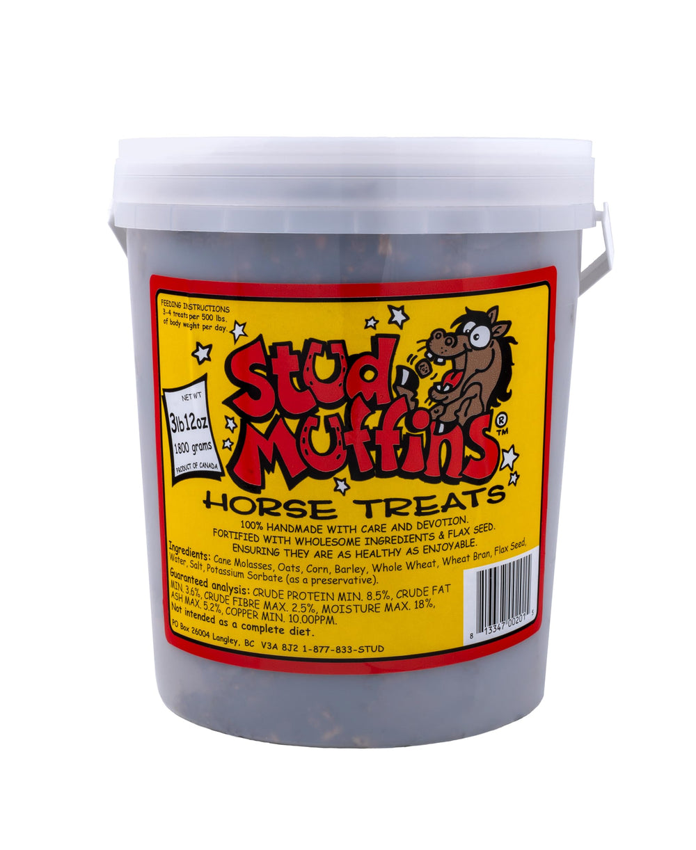 Stud Muffins 60oz bucket closeup - mess-free treats for easy handling during training.