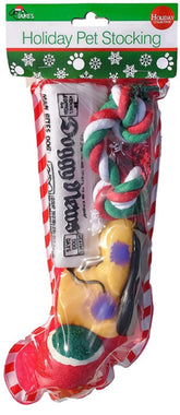 Sub-Gift Christmas stocking display featuring dogs' toy set for festive play sessions.