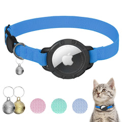 Sucegi AirTag Cat Collar sapphire blue front view with secure AirTag holder for safer tracking