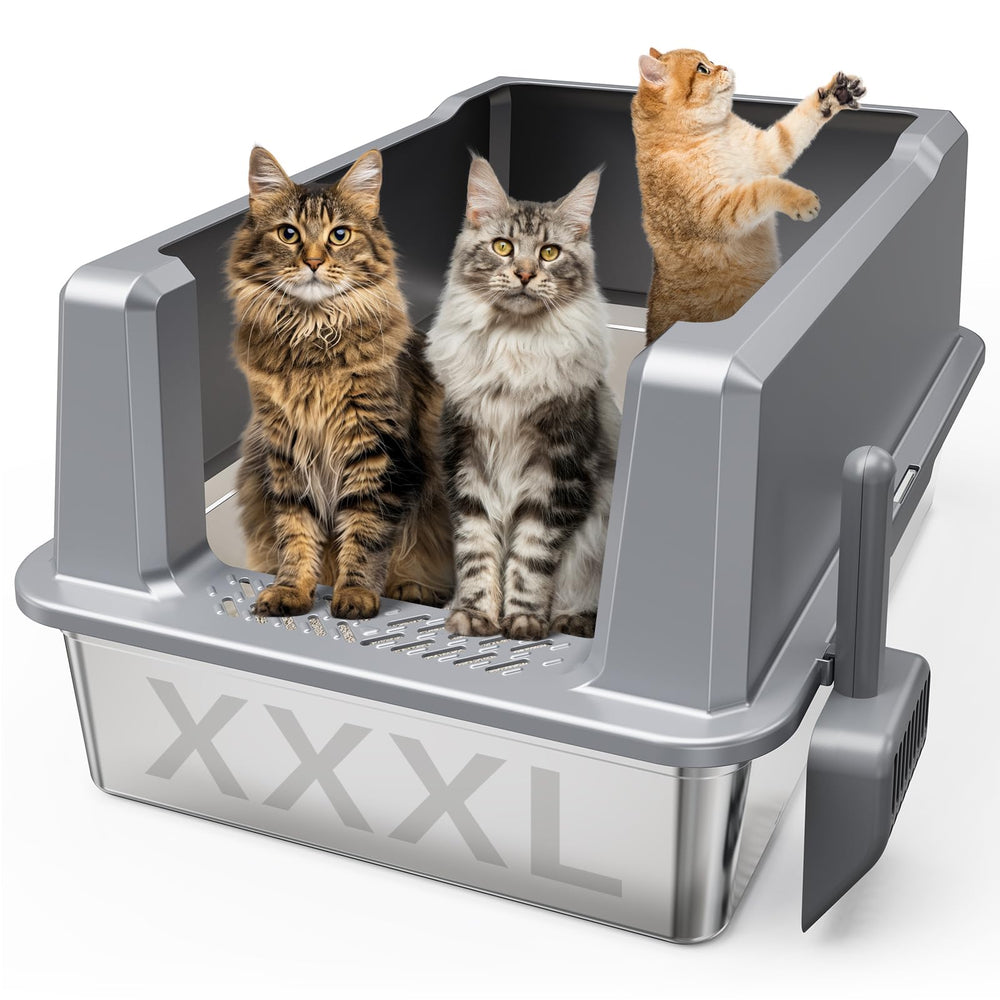Suitfeel XXL stainless-steel cat litter box with lid offers durable enclosure for large cats.