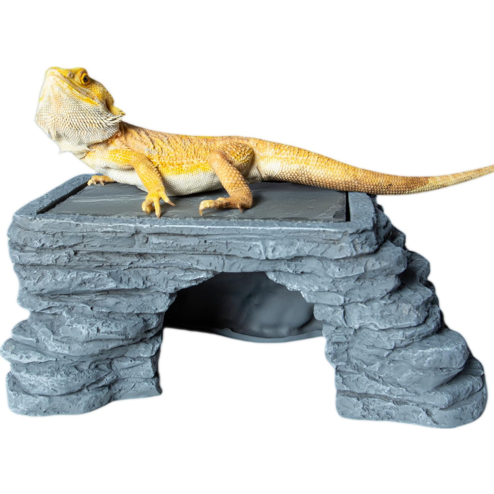 SUKEOPET basking platform with slate top shows warm basking area and UVB-friendly perch