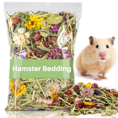 Sukh hamster bedding with flowers and herbs in a bag shows natural materials for a soft habitat.