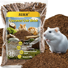 Sukh natural coconut husk bedding block expansion after soak provides soft burrowing surface.