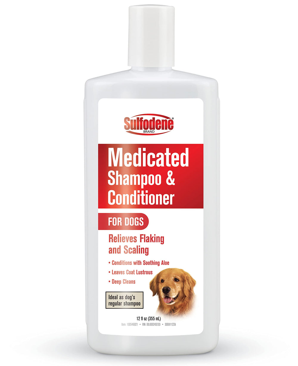 Sulfodene medicated dog shampoo bottle highlighting relief from flaky skin.