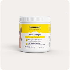 Summit Equine Hoof Strength Powder bottle promotes strong, healthy hooves for daily riding.