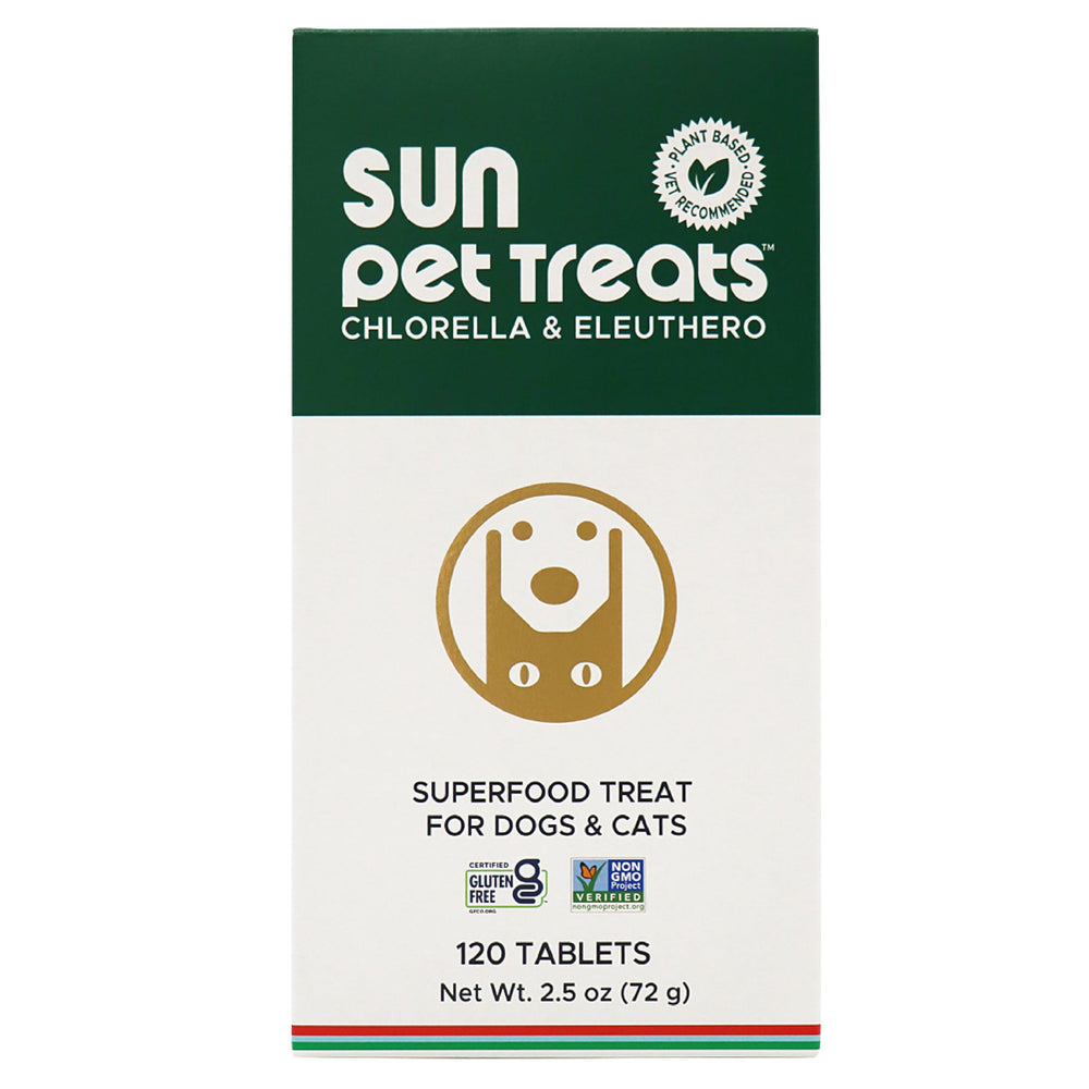Sun Chlorella Sun Pet Treats packaging shows a natural daily supplement for pets