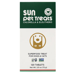 Sun Chlorella Sun Pet Treats packaging shows a natural daily supplement for pets