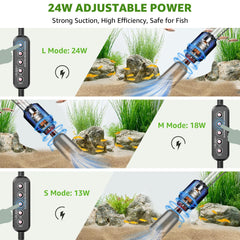 Suness Aquarium Vacuum power adjustment highlights customizable suction for different tank sizes.