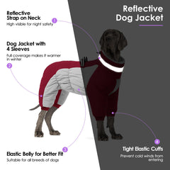 SUNFURA dog coat legged design offers windproof warmth across torso and legs.