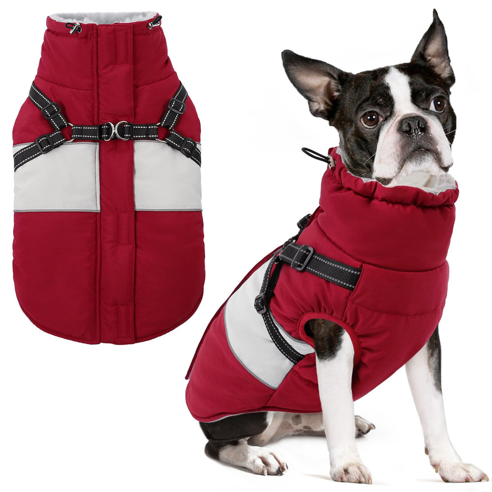 SUNFURA dog winter coat front view demonstrates burgundy warmth for cold walks.