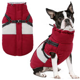 SUNFURA dog winter coat front view demonstrates burgundy warmth for cold walks.
