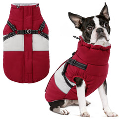 SUNFURA dog winter coat front view demonstrates burgundy warmth for cold walks.