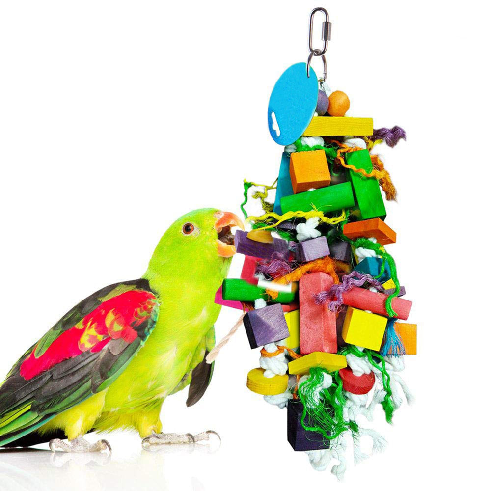 SunGrow parrot toy wooden blocks and cotton rope for mental stimulation