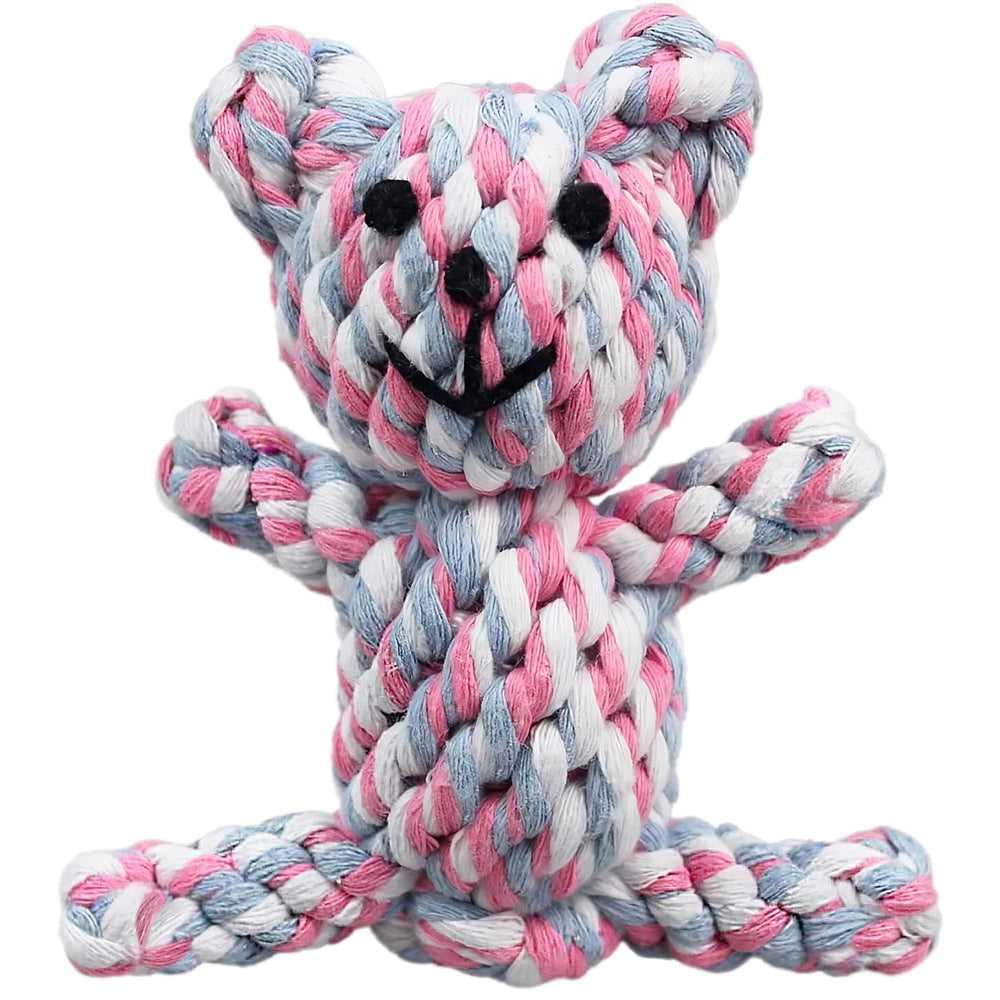 SunGrow Teddy Bear Puppy Teething Toy closeup features multicolored knotted rope for teething comfort.