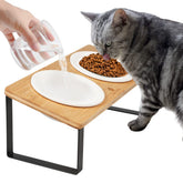 Sunhoo ceramic elevated cat bowls on a tilted stand improve feeding posture.