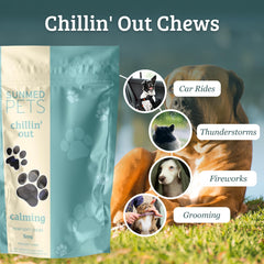 Sunmed Chillin' Out dog chews serving bowl highlights tasty calming treat for daily use.
