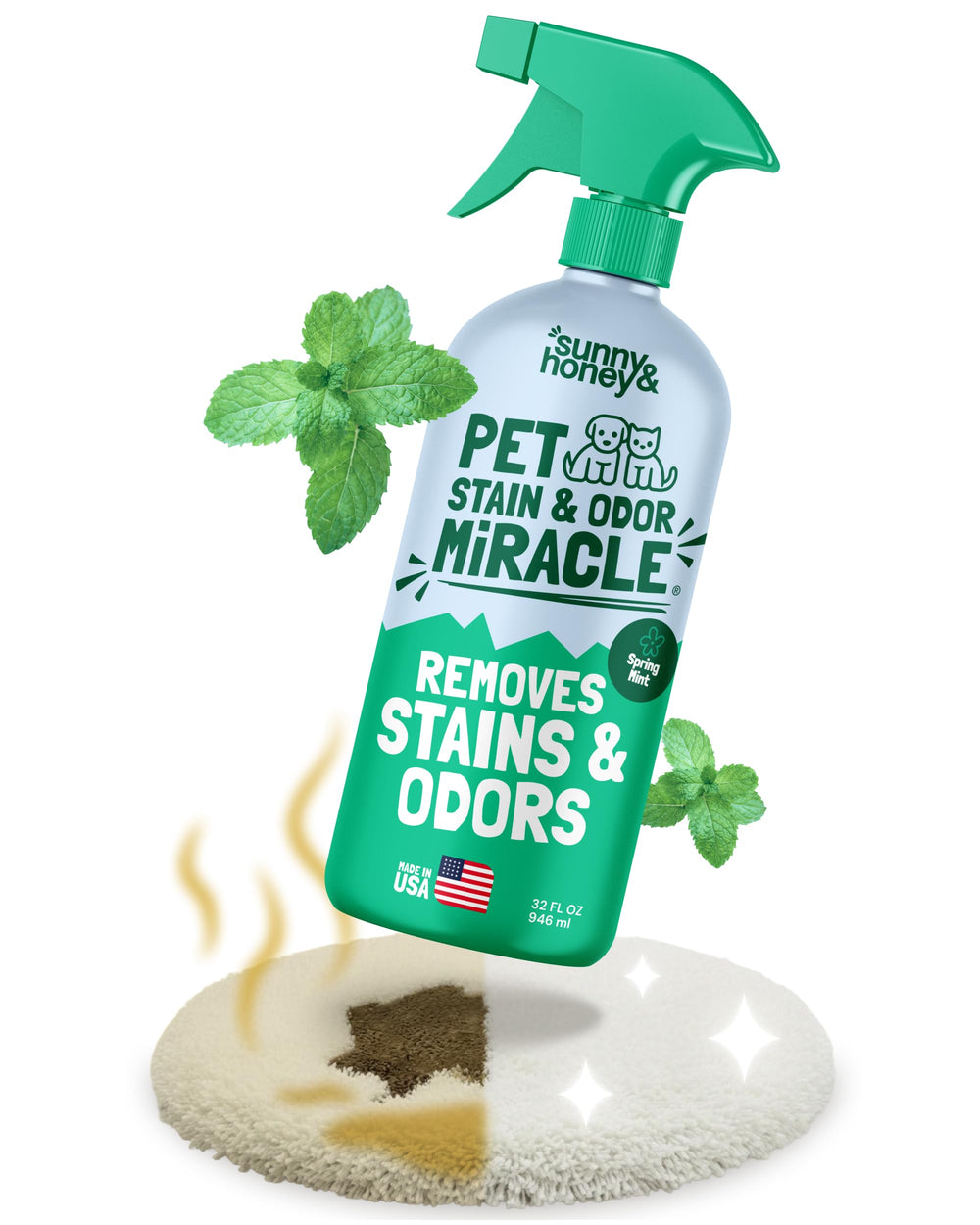 Sunny & Honey Pet Stain Miracle bottle pour shows easy stain removal for carpets