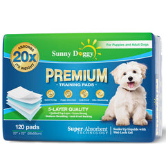Sunny Doggy pee pad 22x22 packaging shows bulk 120-count pads for easy stocking