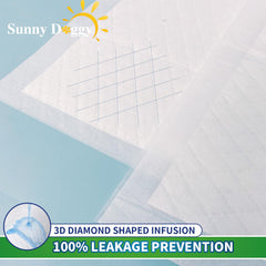Sunny Doggy pee pad diamond-surface detail guides liquid to core and reduces spills.