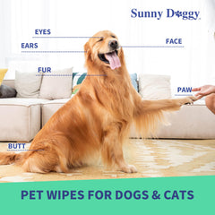 Sunny Doggy Pet Wipes stain-cleaning use helps remove dirt from fur