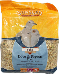 Sunseed Vita Sunscript grain mix in a foraging bowl supports natural feeding for doves and pigeons.
