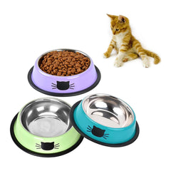 SUOXU cat bowls set showing three stainless bowls with flat rims for easy feeding