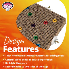 Super Bird Creations SB1218 cardboard treat block – in-cage placement demonstrating secure bolts and durable design.