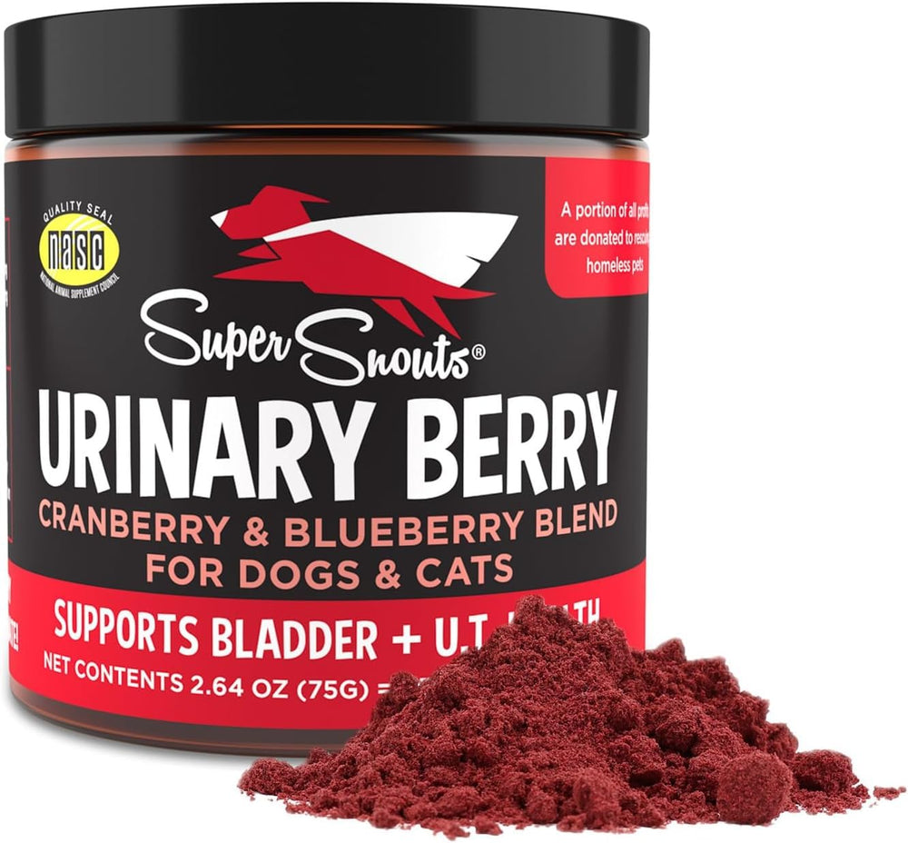 Super Snouts Urinary Berry supplement bottle for dogs and cats supports urinary health