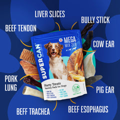 SUPER CAN BULLYSTICKS Mega Mix beef lung chunks deliver protein-rich chews for energetic dogs.