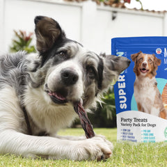SUPER CAN BULLYSTICKS Mega Mix cow tail chews support chew time during play.