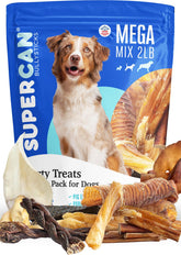 SUPER CAN BULLYSTICKS Mega Mix pig ear chews ideal for training rewards and satisfying chewers.