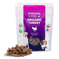 Superfood Science organic dog treats turkey bites close-up for tasty, low-calorie rewards.