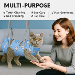 Supet cat wrap hammock hands-free use demonstrates effortless nail trimming and grooming.