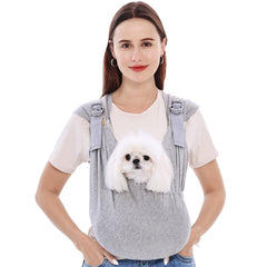 Supet dog carrier sling shows sturdy shoulder straps for comfortable, balanced carrying.