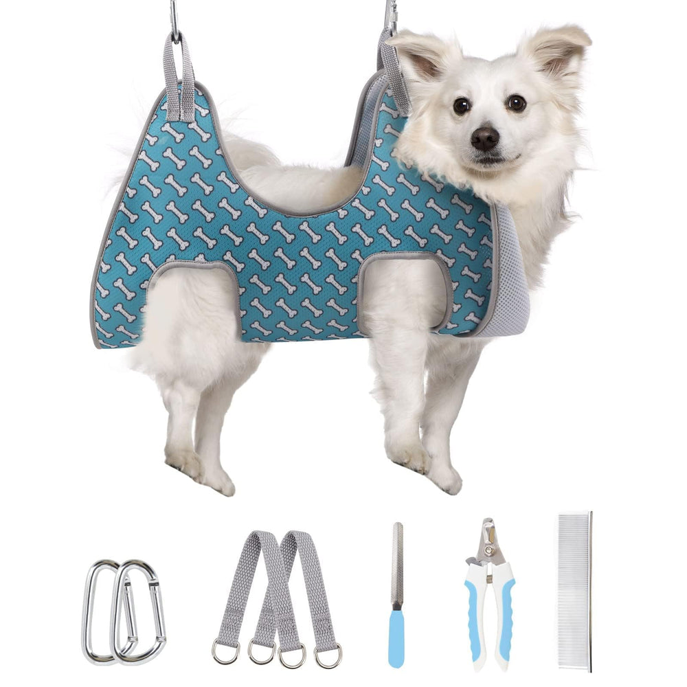 Supet dog grooming hammock coral blue front view for easy at-home nail trimming.
