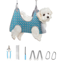 Supet grooming hammock coral blue XS compact setup for at-home nail trimming.