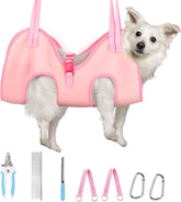 Supet dog grooming hammock setup for at-home nail trimming.