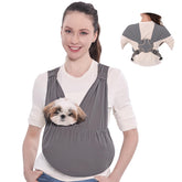 Supet dog sling carrier front view enables hands-free, comfortable small-pet transport.