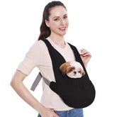 Supet dog sling carrier with dual straps shows balanced weight distribution for comfortable walks