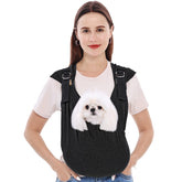 Supet dog sling front-facing view showing secure, hands-free carry for small dogs