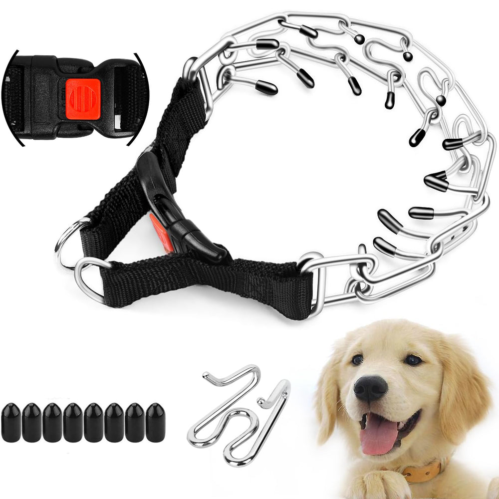 Supet prong collar on a walking dog demonstrating controlled movement during training