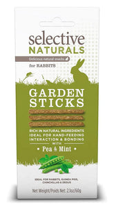 Supreme Petfoods Selective Naturals Garden Sticks packaging shows pea and mint ingredients for rabbits