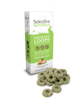 Supreme Petfoods Selective Naturals Orchard Loops hero image showing apple and Timothy Hay for healthy treats.