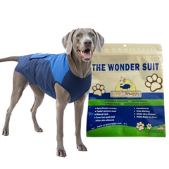 SurgiSnuggly dog recovery suit with open back, easy post-surgery wear.