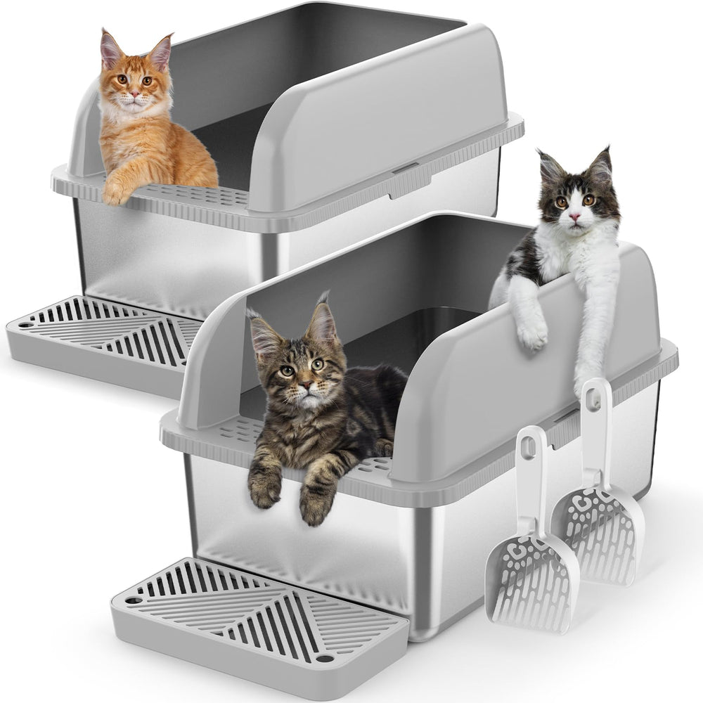 Suzzipaws 2-pack deep stainless steel litter box with lid helps prevent spills.