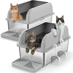 Suzzipaws 2-pack deep stainless steel litter box with lid helps prevent spills.